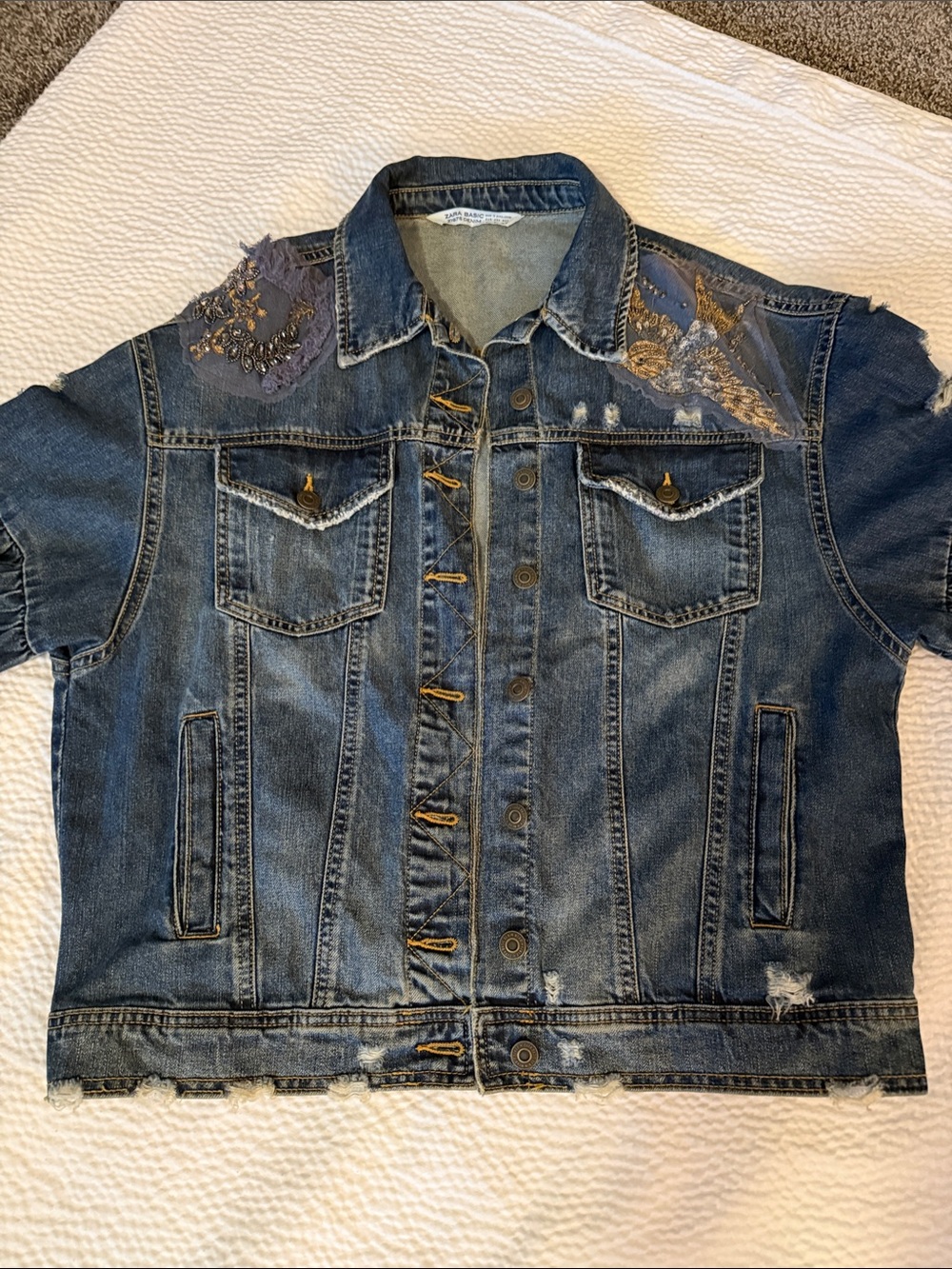 Distressed Blue Embroidered Denim Jacket - Women